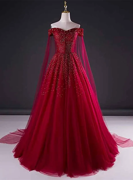 Luolandi Wine Red Tulle Beaded Tulle Sparkle Long Prom Dress Sweet 16 Gown Off Shoulder Elegant